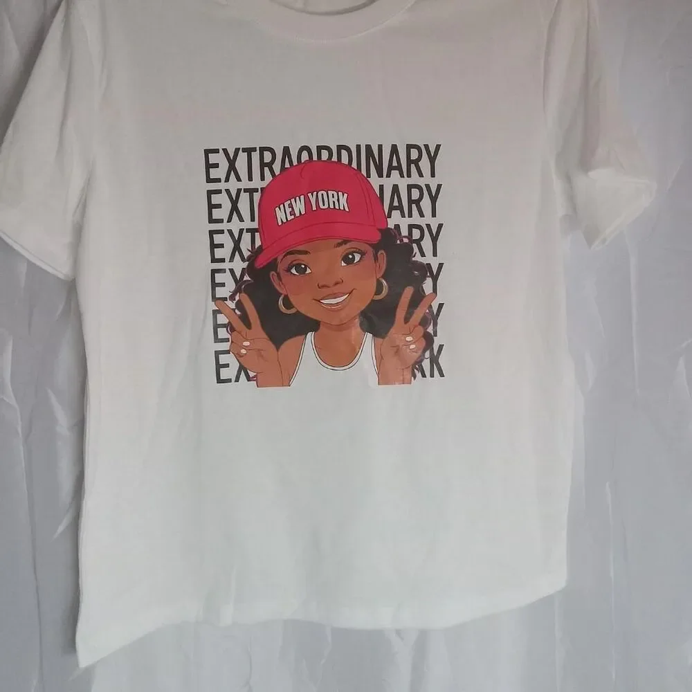 Size 16Y White T-shirt Extraordinary New York Cap Peace Sign